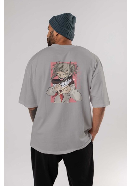 Himiko Toga Anime Arka Baskılı Gri Oversize T-Shirt %100 Pamuk Erkek Kadın fırsatları