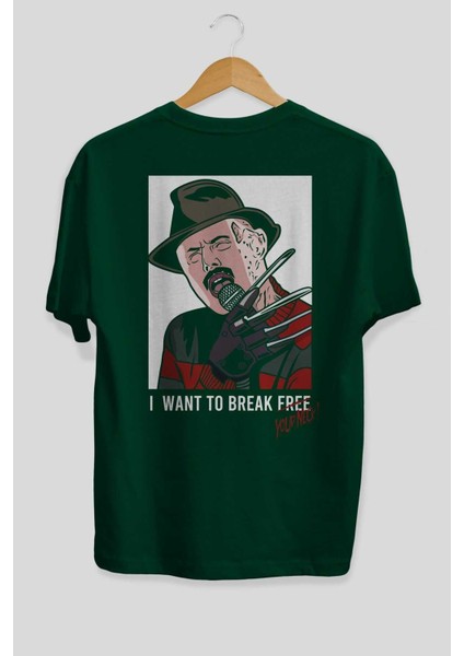 Freddy Merkrueger Arka Baskılı Zümrüt Yeşili Oversize T-Shirt Unisex Erkek Kadın Bisiklet Yaka fiyatları