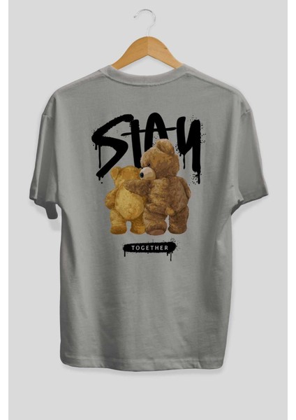 Stay Together Bear Arka Baskılı Gri Oversize T-Shirt Unisex Erkek Kadın Bisiklet Yaka fiyatları