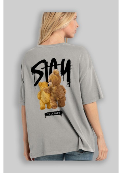Stay Together Bear Arka Baskılı Gri Oversize T-Shirt Unisex Erkek Kadın Bisiklet Yaka modelleri