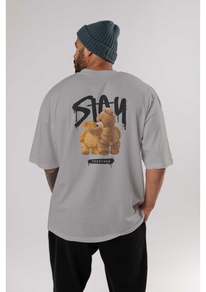 Stay Together Bear Arka Baskılı Gri Oversize T-Shirt Unisex Erkek Kadın Bisiklet Yaka fırsatları