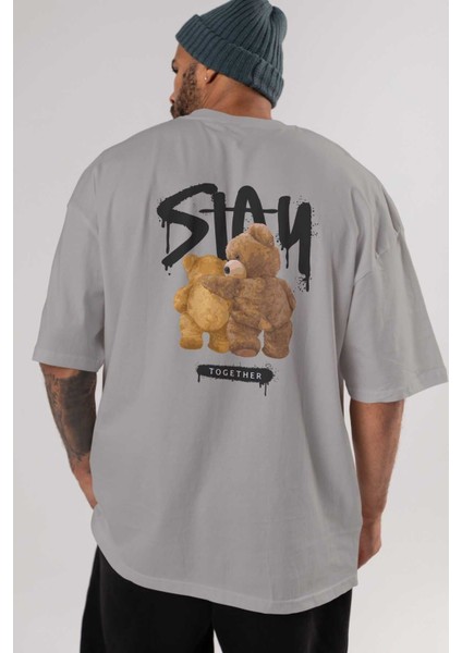 Stay Together Bear Arka Baskılı Gri Oversize T-Shirt Unisex Erkek Kadın Bisiklet Yaka indirimleri