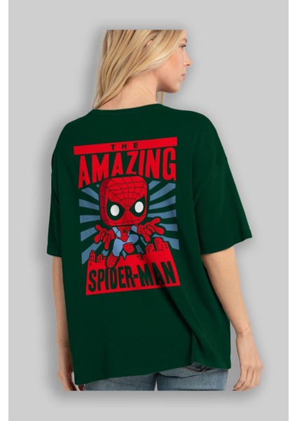 Spiderman (20) Arka Baskılı Zümrüt Yeşili Oversize T-Shirt Bisiklet Yaka Erkek Kadın