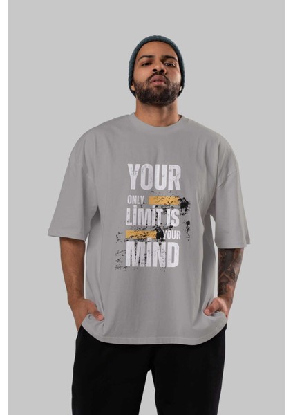 Your Limit Is Yazılı Ön Baskılı Gri Oversize T-Shirt Unisex Erkek Kadın Bisiklet Yaka indirimleri