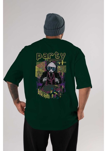 Party Starter Arka Baskılı Zümrüt Yeşili Oversize T-Shirt Erkek Kadın Bisiklet Yaka