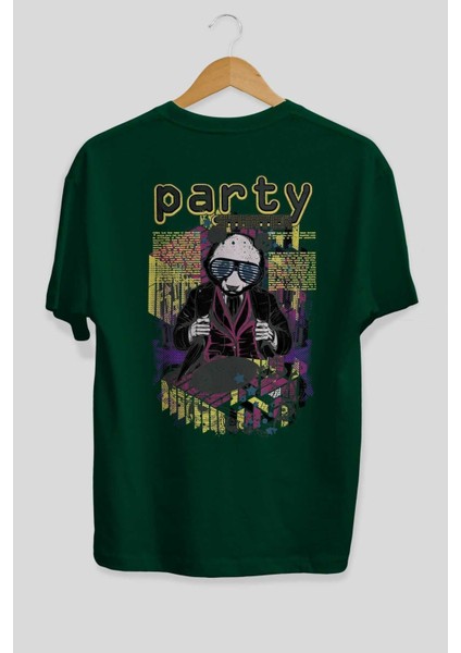 Party Starter Arka Baskılı Zümrüt Yeşili Oversize T-Shirt Erkek Kadın Bisiklet Yaka fiyatları