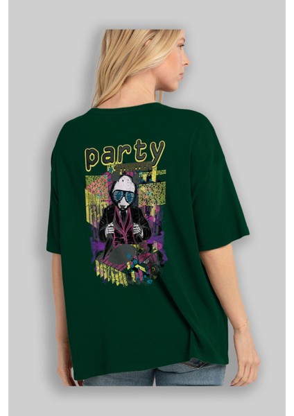 Party Starter Arka Baskılı Zümrüt Yeşili Oversize T-Shirt Erkek Kadın Bisiklet Yaka fırsatları