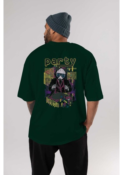 Party Starter Arka Baskılı Zümrüt Yeşili Oversize T-Shirt Erkek Kadın Bisiklet Yaka indirimleri
