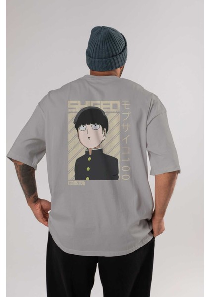 Shigeo Kageyama 2 Anime Arka Baskılı Gri Oversize T-Shirt %100 Pamuk Erkek Kadın