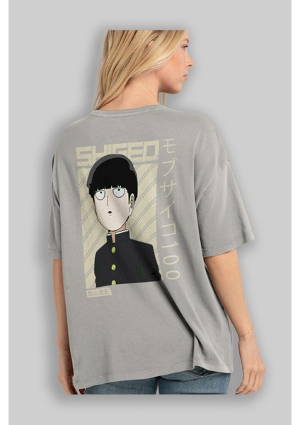 Shigeo Kageyama 2 Anime Arka Baskılı Gri Oversize T-Shirt %100 Pamuk Erkek Kadın modelleri