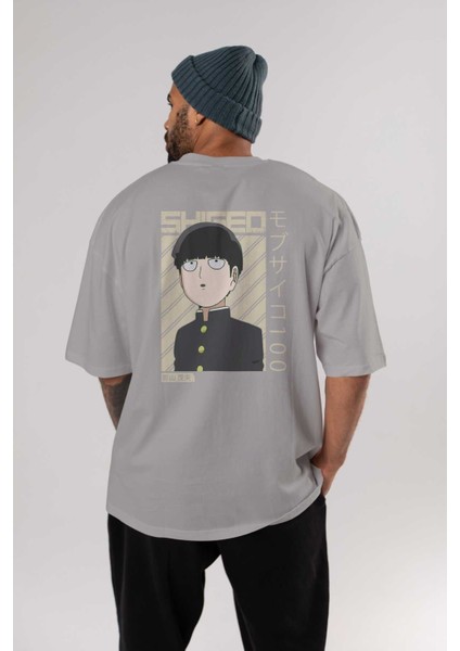 Shigeo Kageyama 2 Anime Arka Baskılı Gri Oversize T-Shirt %100 Pamuk Erkek Kadın fırsatları