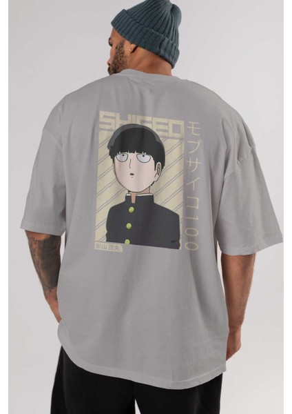 Shigeo Kageyama 2 Anime Arka Baskılı Gri Oversize T-Shirt %100 Pamuk Erkek Kadın indirimleri