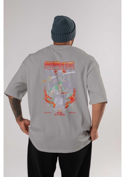 Roronoa Zoro 4 Anime Arka Baskılı Gri Oversize T-Shirt %100 Pamuk Erkek Kadın