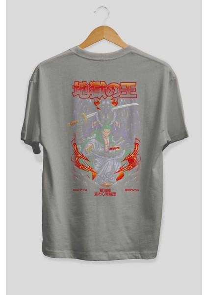 Roronoa Zoro 4 Anime Arka Baskılı Gri Oversize T-Shirt %100 Pamuk Erkek Kadın