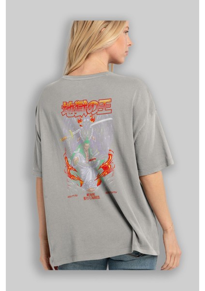 Roronoa Zoro 4 Anime Arka Baskılı Gri Oversize T-Shirt %100 Pamuk Erkek Kadın