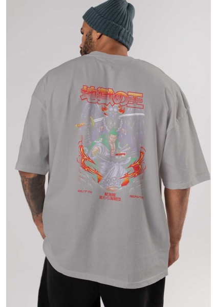 Roronoa Zoro 4 Anime Arka Baskılı Gri Oversize T-Shirt %100 Pamuk Erkek Kadın