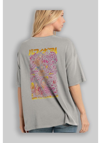 Monkey D. Luffy (2) Anime Arka Baskılı Gri Oversize T-Shirt %100 Pamuk Erkek Kadın modelleri