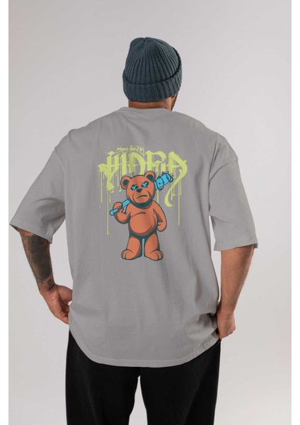 Hidra Bear Arka Baskılı Gri Oversize T-Shirt Unisex Erkek Kadın Bisiklet Yaka
