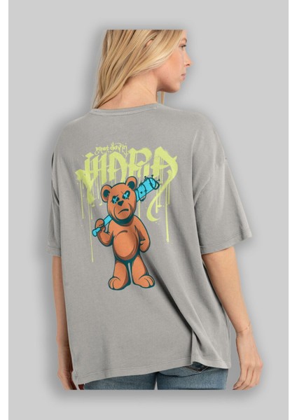 Hidra Bear Arka Baskılı Gri Oversize T-Shirt Unisex Erkek Kadın Bisiklet Yaka modelleri