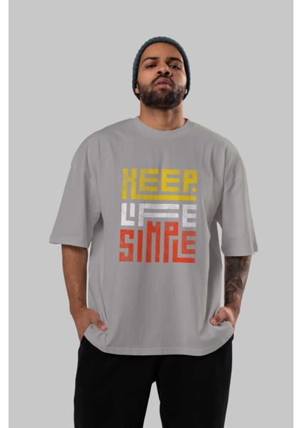 Keep Life Simple Yazılı Ön Baskılı Gri Oversize T-Shirt Unisex Erkek Kadın Bisiklet Yaka indirimleri