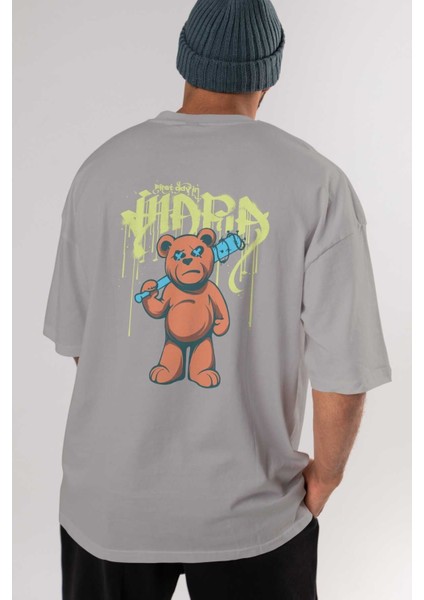 Hidra Bear Arka Baskılı Gri Oversize T-Shirt Unisex Erkek Kadın Bisiklet Yaka indirimleri