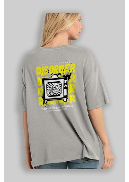 Disorder Streetwear Arka Baskılı Gri Oversize T-Shirt Unisex Erkek Kadın Bisiklet Yaka modelleri