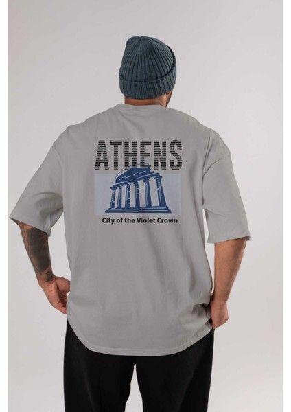 Athens Arka Baskılı Gri Oversize T-Shirt Unisex Erkek Kadın Bisiklet Yaka