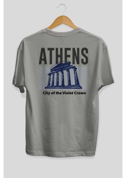 Athens Arka Baskılı Gri Oversize T-Shirt Unisex Erkek Kadın Bisiklet Yaka fiyatları