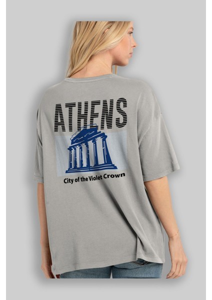 Athens Arka Baskılı Gri Oversize T-Shirt Unisex Erkek Kadın Bisiklet Yaka modelleri