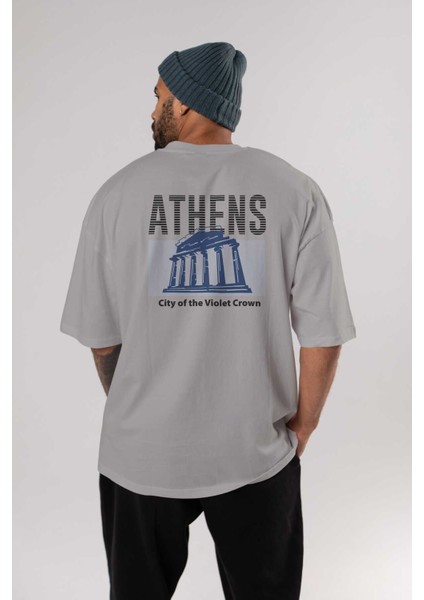 Athens Arka Baskılı Gri Oversize T-Shirt Unisex Erkek Kadın Bisiklet Yaka fırsatları