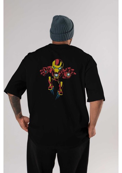 Iron Man (1) Arka Baskılı Siyah Oversize T-Shirt Bisiklet Yaka Pamuk Erkek Kadın
