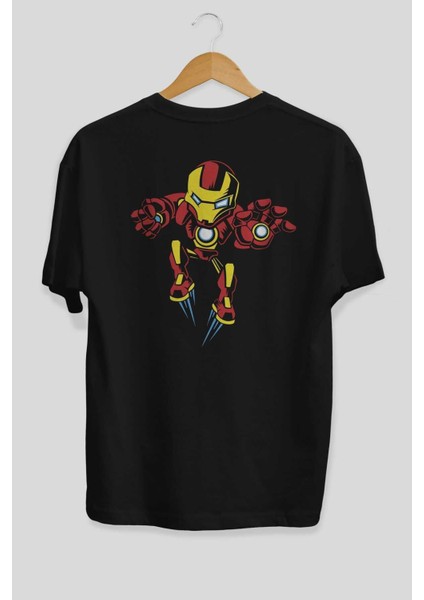 Iron Man (1) Arka Baskılı Siyah Oversize T-Shirt Bisiklet Yaka Pamuk Erkek Kadın