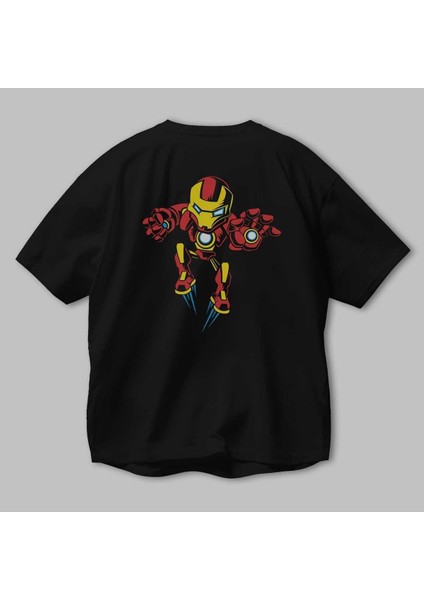 Iron Man (1) Arka Baskılı Siyah Oversize T-Shirt Bisiklet Yaka Pamuk Erkek Kadın