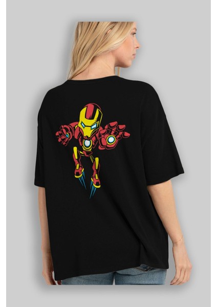 Iron Man (1) Arka Baskılı Siyah Oversize T-Shirt Bisiklet Yaka Pamuk Erkek Kadın