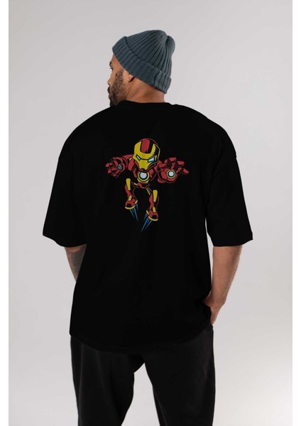 Iron Man (1) Arka Baskılı Siyah Oversize T-Shirt Bisiklet Yaka Pamuk Erkek Kadın