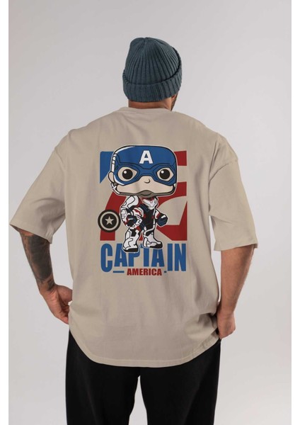 Captain America Arka Baskılı Bej Oversize T-Shirt Bisiklet Yaka Pamuk Erkek Kadın