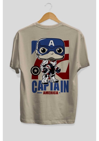 Captain America Arka Baskılı Bej Oversize T-Shirt Bisiklet Yaka Pamuk Erkek Kadın
