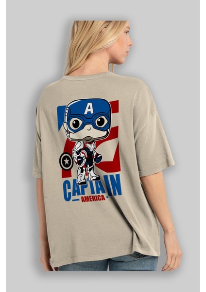 Captain America Arka Baskılı Bej Oversize T-Shirt Bisiklet Yaka Pamuk Erkek Kadın