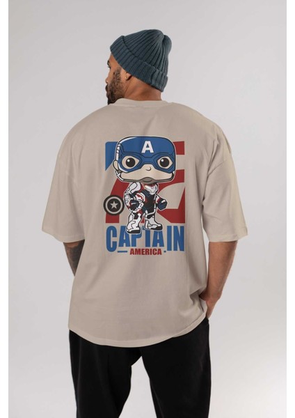 Captain America Arka Baskılı Bej Oversize T-Shirt Bisiklet Yaka Pamuk Erkek Kadın