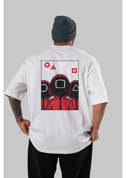 Squid Game (7) Arka Baskılı Beyaz Oversize T-Shirt Bisiklet Yaka Pamuk Erkek Kadın