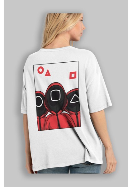 Squid Game (7) Arka Baskılı Beyaz Oversize T-Shirt Bisiklet Yaka Pamuk Erkek Kadın modelleri