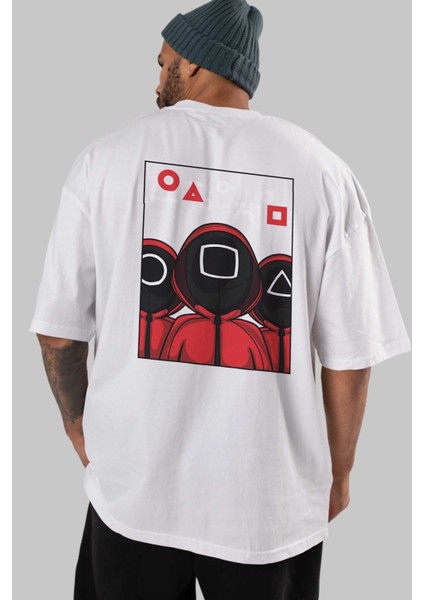 Squid Game (7) Arka Baskılı Beyaz Oversize T-Shirt Bisiklet Yaka Pamuk Erkek Kadın indirimleri