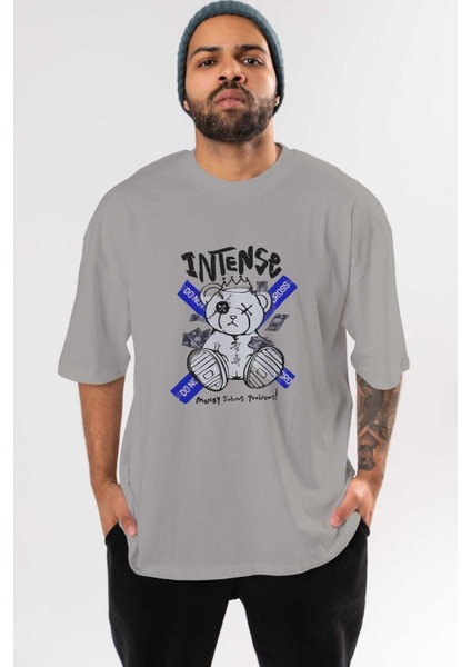Teddy Bear Intense Ön Baskılı Gri Oversize T-Shirt Unisex Erkek Kadın Bisiklet Yaka