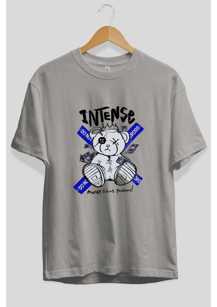 Teddy Bear Intense Ön Baskılı Gri Oversize T-Shirt Unisex Erkek Kadın Bisiklet Yaka fiyatları