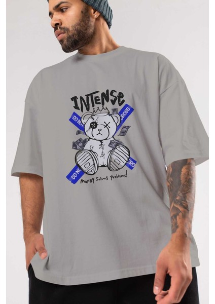 Teddy Bear Intense Ön Baskılı Gri Oversize T-Shirt Unisex Erkek Kadın Bisiklet Yaka modelleri