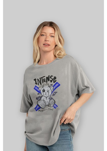 Teddy Bear Intense Ön Baskılı Gri Oversize T-Shirt Unisex Erkek Kadın Bisiklet Yaka fırsatları