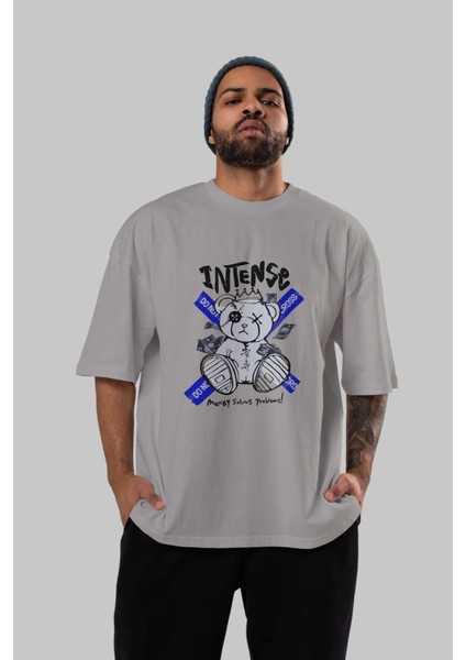 Teddy Bear Intense Ön Baskılı Gri Oversize T-Shirt Unisex Erkek Kadın Bisiklet Yaka indirimleri