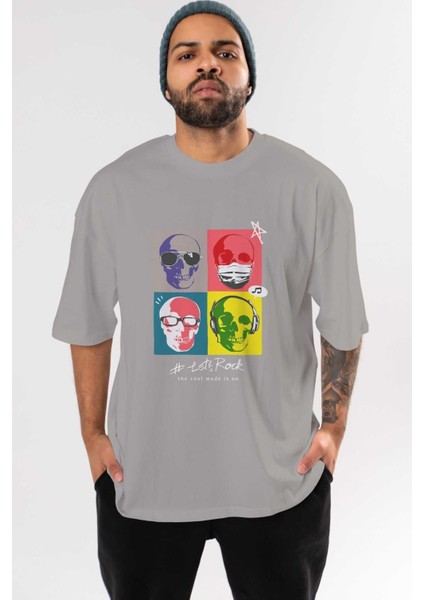 Lets Rock Ön Baskılı Gri Oversize T-Shirt Unisex Erkek Kadın Bisiklet Yaka