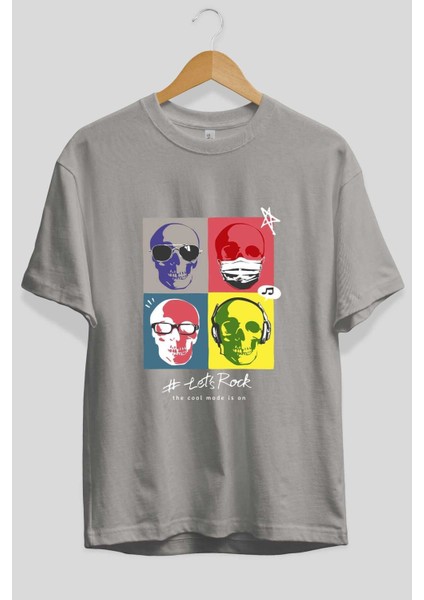 Lets Rock Ön Baskılı Gri Oversize T-Shirt Unisex Erkek Kadın Bisiklet Yaka