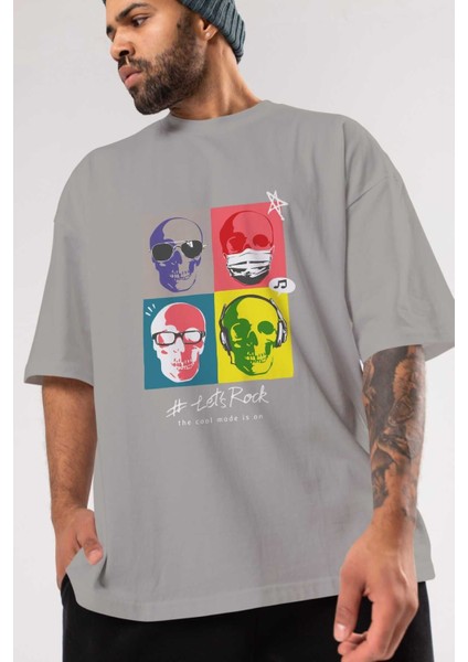 Lets Rock Ön Baskılı Gri Oversize T-Shirt Unisex Erkek Kadın Bisiklet Yaka